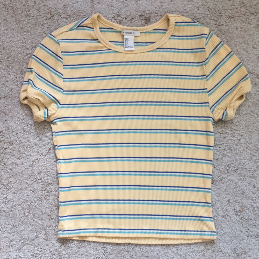 pale yellow ribbed striped short-sleeved crop top